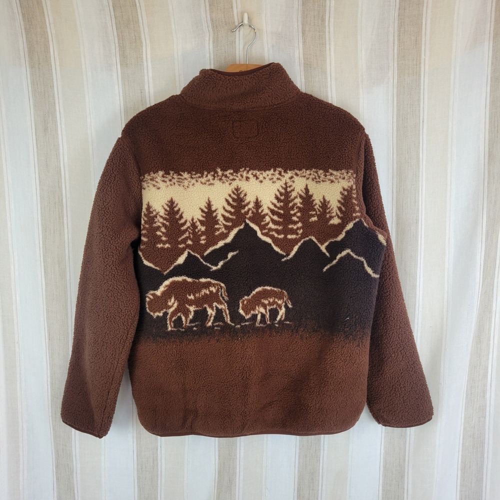 Old Navy Buffalo Printed Sherpa Quarter Zip Pullover Jacket Brown Size Large - Picture 12 of 12